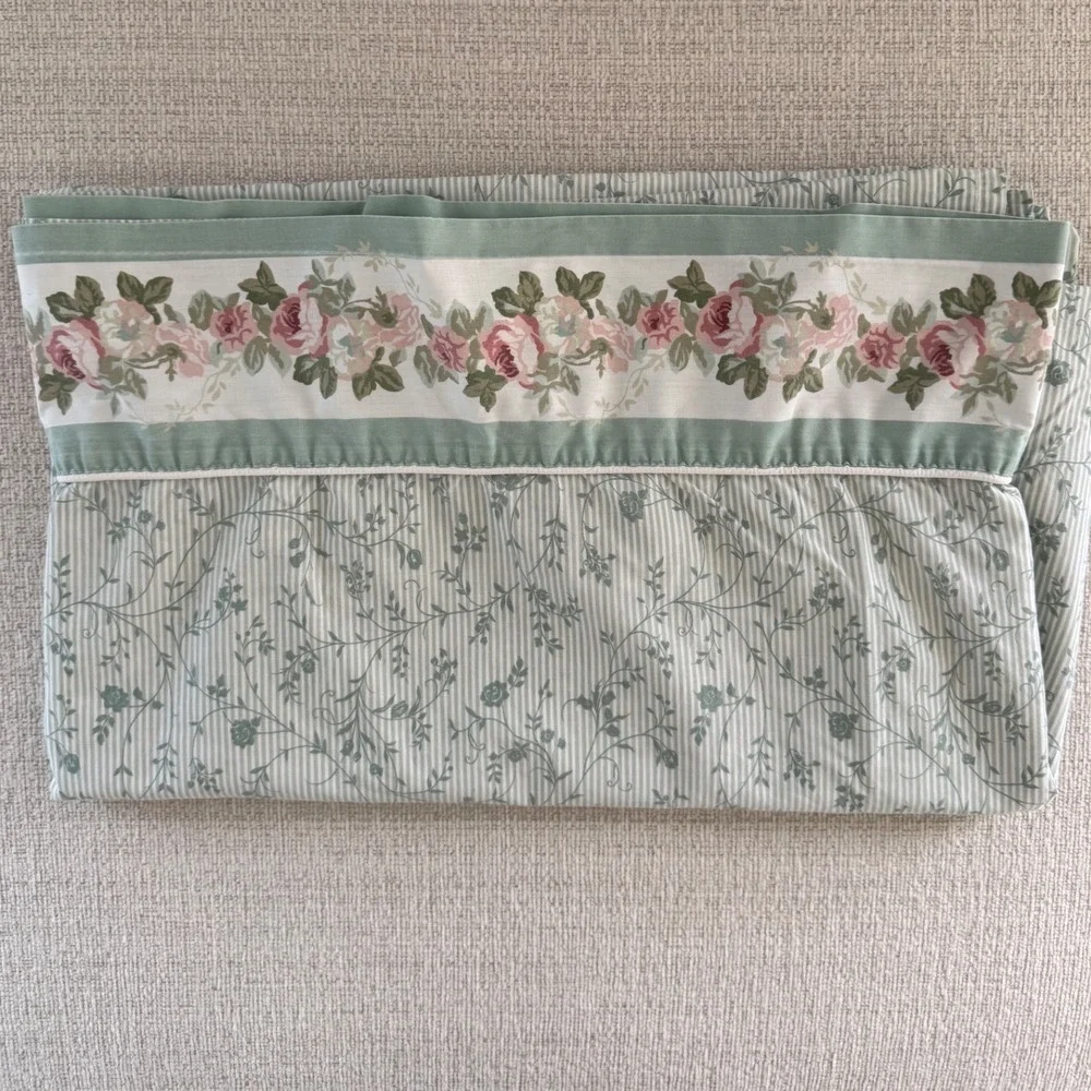 Vintage LAURA ASHLEY Cottage Rose Full Flat Sheet Sage Green Pink Floral USA